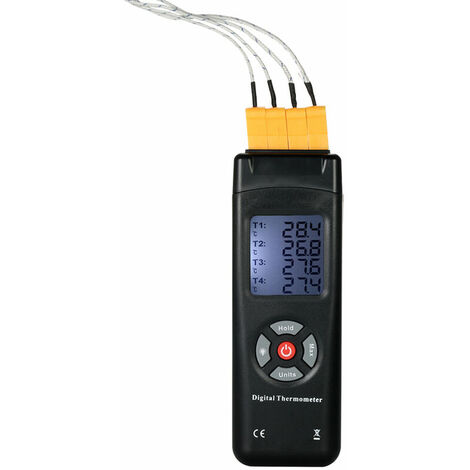MSBD Thermomètre LCD numérique à 4 canaux avec sonde thermocouple type K -50 à 1350°C / -58 à 2462°C fonction data-hold, modèle : noir