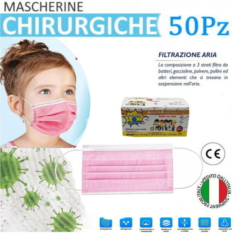 Trade Shop - Mascherine Chirurgiche Per Bambine Monouso In Tnt 3 Strati Protettivi Viso 50pz -