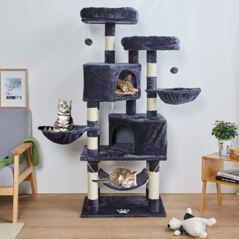 Msmask – Arbre à chat 145 cm – 6 niveaux, 2 niches, 2 hamacs – Peluche 400 g, sisal naturel – Protection anti-basculement incluse