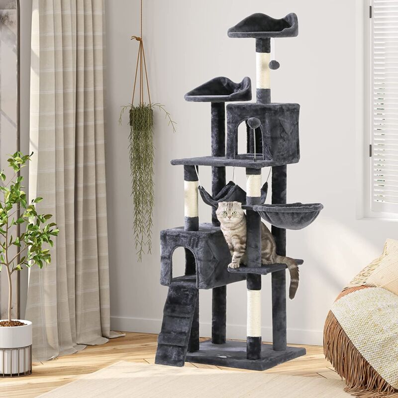 Arbre à Chat, Grand condo Moderne pour grands Chats, Arbre à Chat de 175 cm avec griffoirs recouverts de sisal, Gris foncé