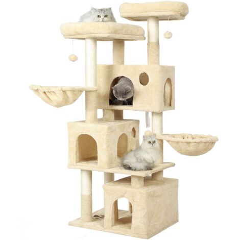 MSmask Arbre à chat pour gros chats, arbre à chat avec 2 plateformes et 3 grottes, arbre d'escalade stable (156 cm) beige