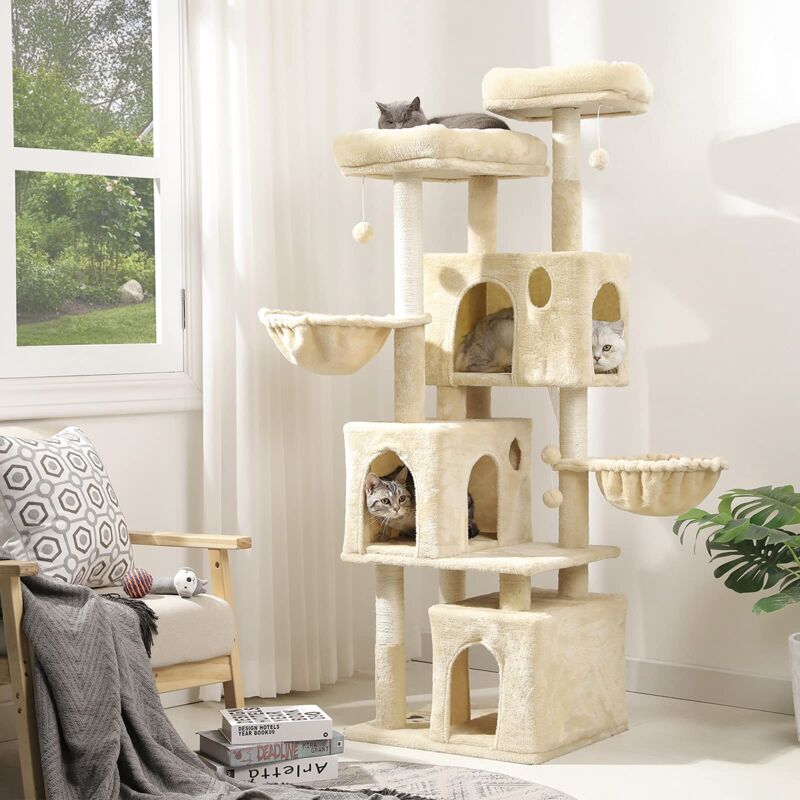 Arbre à Chat pour Chats d'intérieur, Tour à Chat avec 2 Plates-Formes et 3 grottes à Chat, Arbre d'escalade Stable, Beige