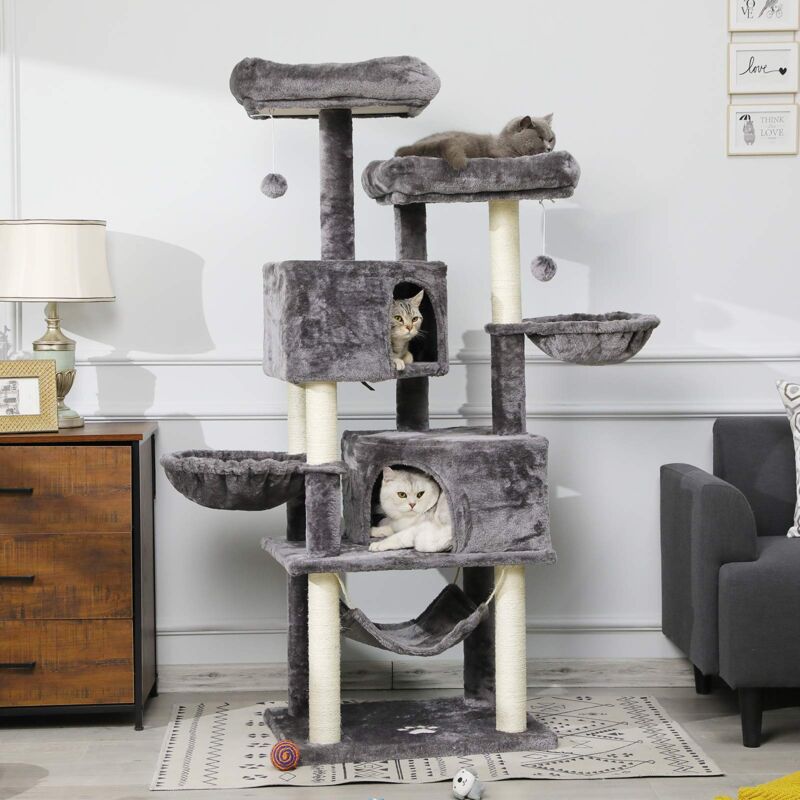 Arbre à chat stable de 153 cm, grand arbre à chat pour grands chats - Avec grande grotte, troncs en sisal naturel, Gris Clair