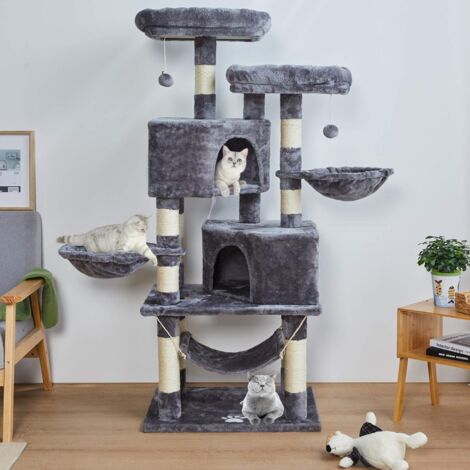 MSmask - Arbre ¨¤ chat stable ¨¤ plusieurs niveaux - pour grands chats avec grande grotte, troncs en sisal naturel gris clair - 145 cm