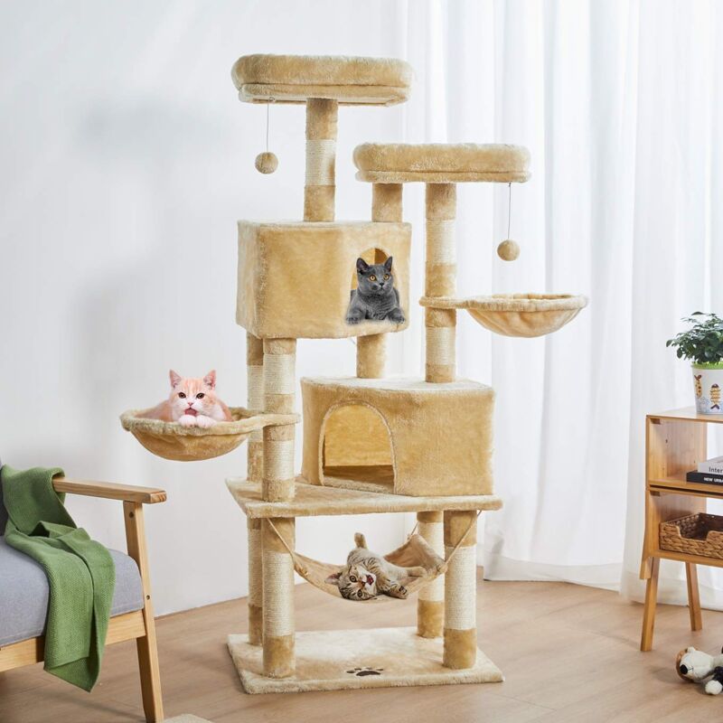 Arbre à Chat Stable à Plusieurs Niveaux pour grands Chats avec Grande Grotte, 145 cm, Beige