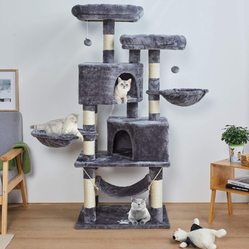 Arbre à Chat Stable à Plusieurs Niveaux pour grands Chats avec Grande Grotte, 145 cm, Gris Clair