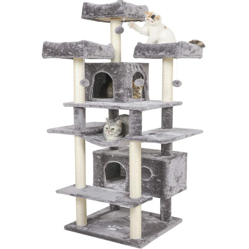 Grand arbre à chat, taille xxl, 175 cm, stable, avec 3 grandes plateformes d'observation, pour grands chats, griffoirs en sisal, Gris Clair