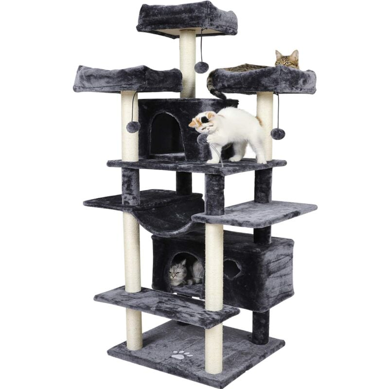 Grand arbre à chat, taille xxl, 175 cm, stable, avec 3 grandes plateformes d'observation, pour grands chats, griffoirs en sisal, Gris Foncé