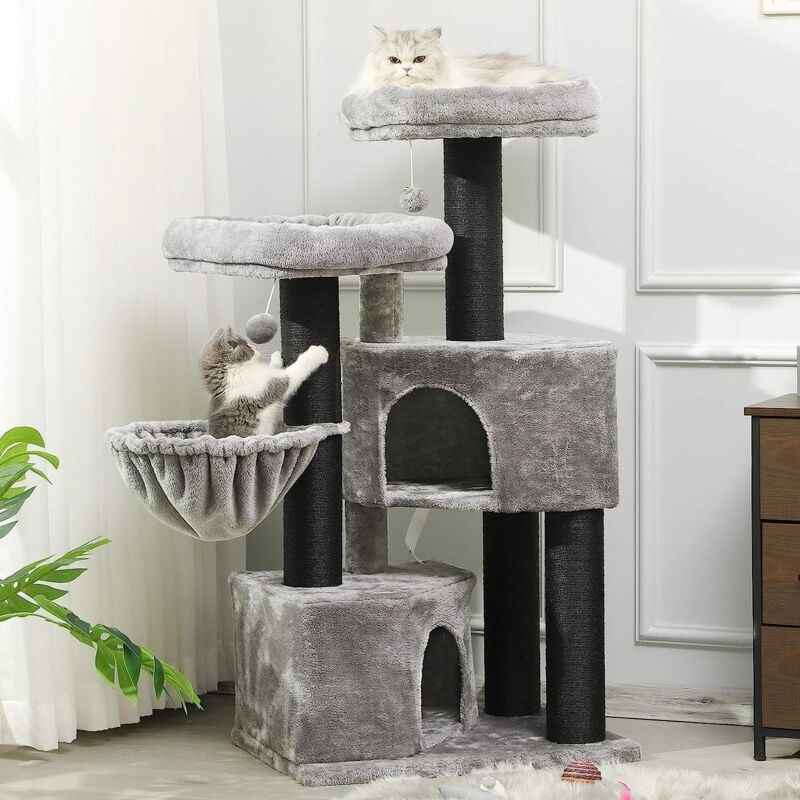 Grand arbre à chat stable avec grand griffoir en sisal, 2 grandes plateformes d'observation, Gris + Noir