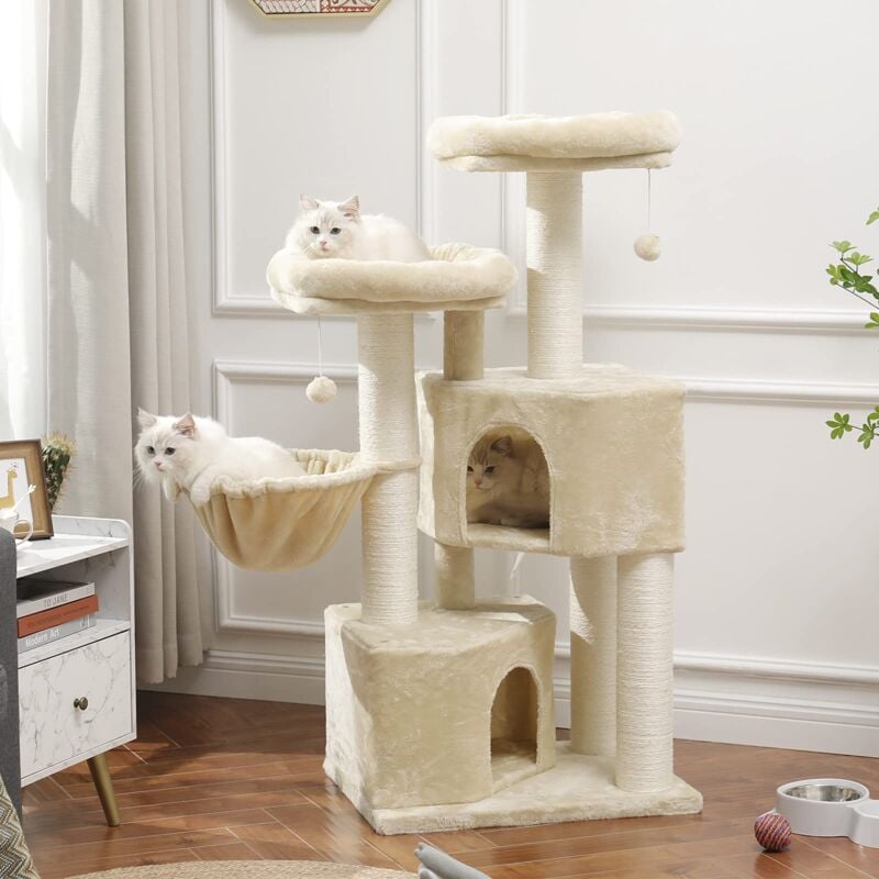 Grand arbre à chat stable avec grand griffoir en sisal, 2 grandes plateformes d'observation, Beige