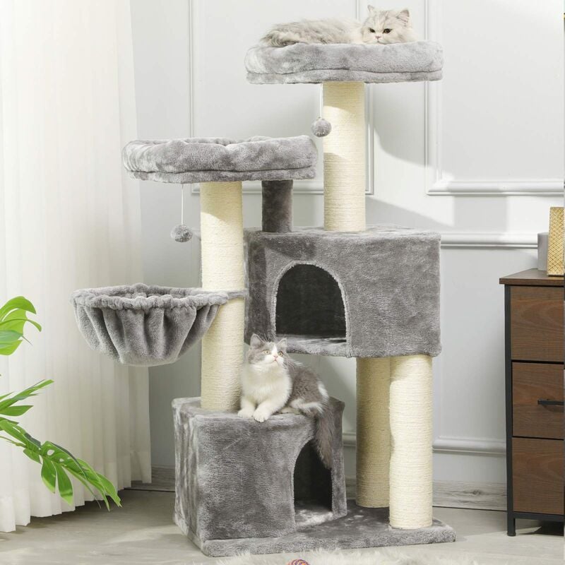 Grand arbre à chat stable avec grand griffoir en sisal, 2 grandes plateformes d'observation, Gris + Blanc