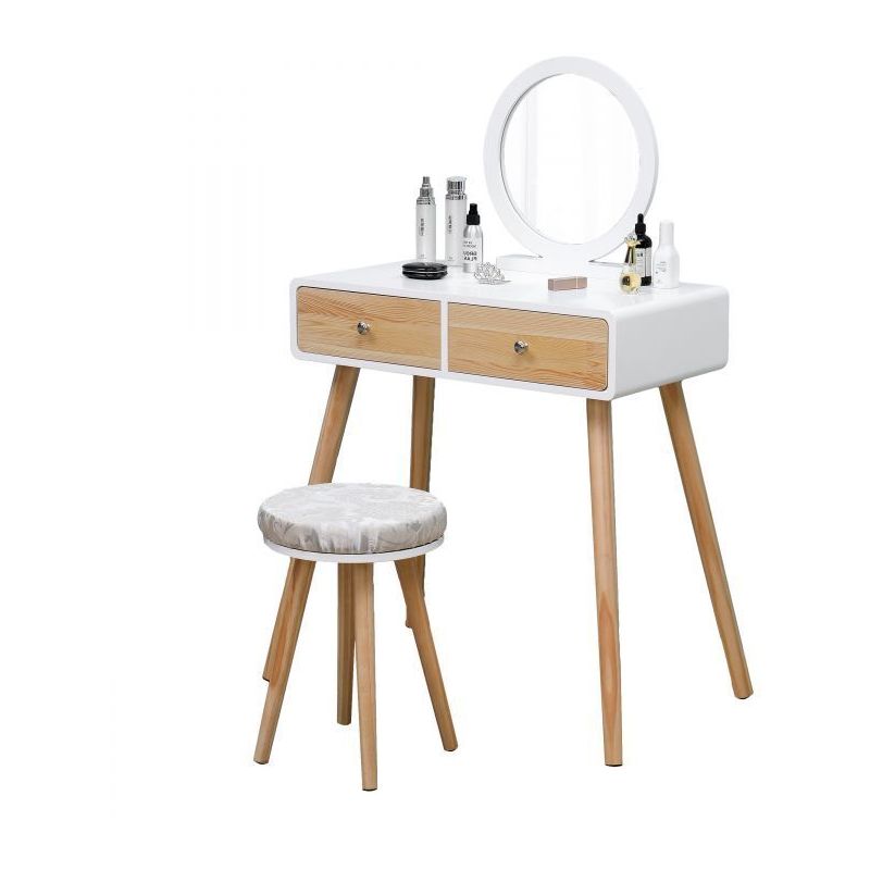 MSTORE - Coiffeuse moderne avec grand miroir et tabouret salon/chambre - 125x80x40 cm - 2 tiroirs + Assise confortable - Blanc