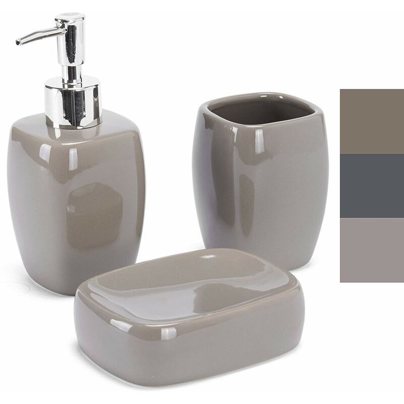 Seifenschale MSV Bad Accessoires Keramik 3-teilig Zahnputzbecher Taupe Seifenspender