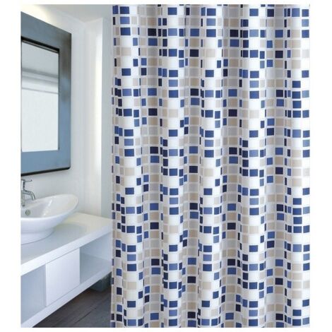 MSV – Rideau de douche 180x200cm en polyester bleu – Imperméable et anti-moisissure – Revêtement antibactérien – Anneaux inclus