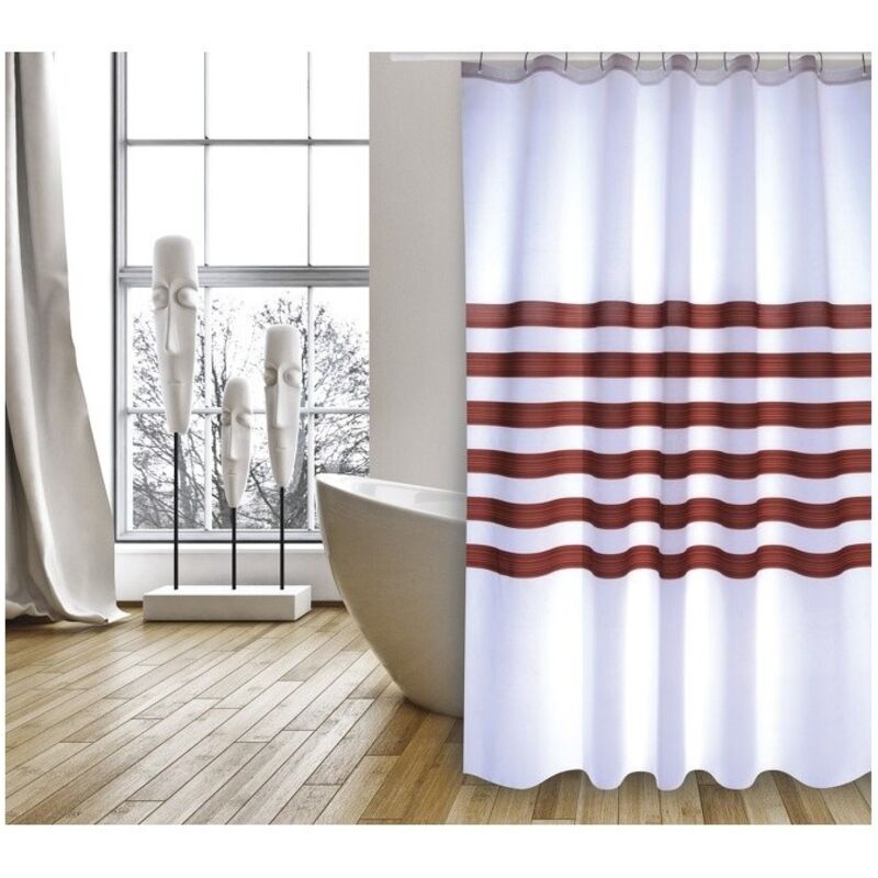 Rideau de douche Polyester rayas 180x200cm qualite premium Blanc & Marron - Anneaux inclus MSV