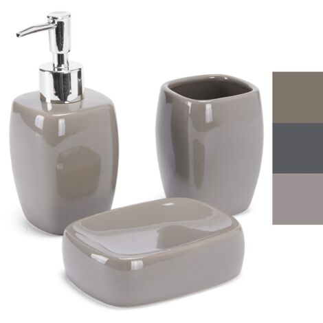 MSV Set di Accessori da Bagno in Ceramica 3 Pezzi Dispenser di Sapone, portasapone, Bicchiere - Tortora
