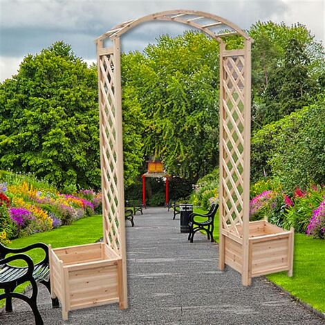 Mucola – Arche de jardin en bois naturel – Treillis pergola pour plantes grimpantes – Dimensions 179 x 41 x 208 cm – Bac à fleurs inclus
