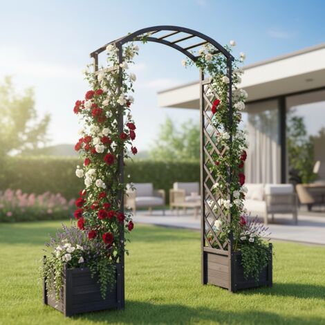 Mucola – Arche de jardin en bois d'épicéa noir – Dimensions 179 x 41 x 208 cm – 2 bacs à fleurs intégrés – Support pour plantes grimpantes