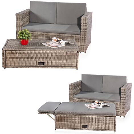 Mucola – Banc de jardin en polyrattan gris – Canapé 2 places 123x65x72cm – Table pliante et coussins hydrofuges – Pour balcon et terrasse