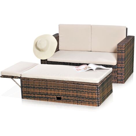 Mucola – Canapé de jardin 2 places en rotin marron – Coussins hydrofuges amovibles – Dimensions 123 x 65 x 72 cm – Structure métallique résistante