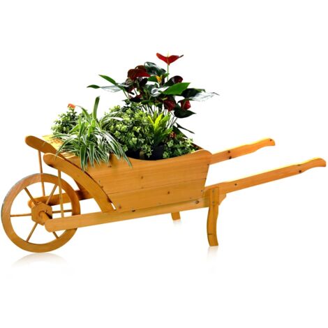 Mucola – Chariot à fleurs en bois d'épicéa – Bac à fleurs en forme de brouette – Dimensions 129x45x43 cm – Transport facile avec roue galbée