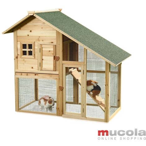 Mucola – Clapier à lapin en bois massif – Dimensions 145x65x100cm – Toit en pente avec tapis d'asphalte – Échelle incluse – Tiroir amovible pour nettoyage