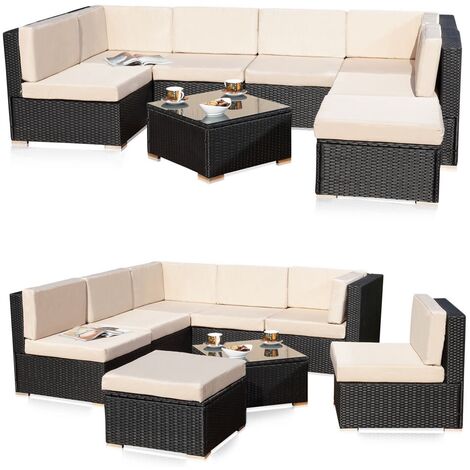 Mucola – Ensemble canapé fauteuil de jardin en rotin – 5 places – Matériau polyrattan – Coussins hydrofuges – Table avec verre ESG