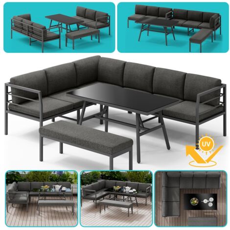 Mucola Essgruppe Aluminium Lounge Ecksofa mit Sitzbank wetterfest Grau Tisch Entspannungsoase Gartenmöbel Ecksitzgarnitur Sofa Outdoor-Möbel