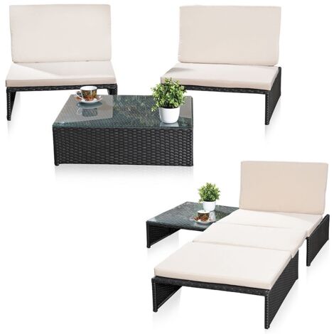 Mucola – Salon de jardin 2 fauteuils et table en polyrattan noir – Dimensions fauteuils 76x72x67,5cm – Table 60x75x25cm – Ensemble lounge confortable