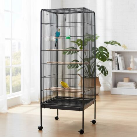 Mucola – Volière cage à oiseaux en métal – Dimensions extérieures 146x54,5x54,5 cm – Espacement des barreaux 1,2 cm – 4 perchoirs inclus