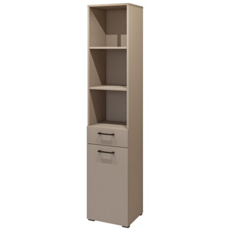 Mueble alto de almacenamiento colección WASHING - 1 cajón, 1 puerta y 1 cesta - Color topo y roble