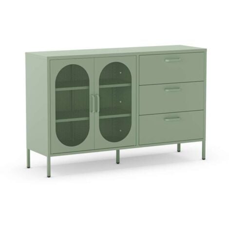 MKRIC Mueble aparador 2 puertas 3 cajones modelo Dora acabado metal verde menta, 140cm(ancho) 90cm(alto) 40cm (largo)