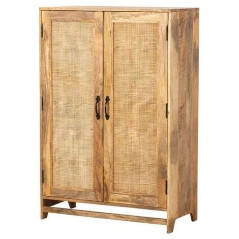 MBTIC Mueble aparador Md-Darro 2 puertas acabado roble claro y rattan, 80cm(ancho) 120cm(altura) 39cm(fondo)