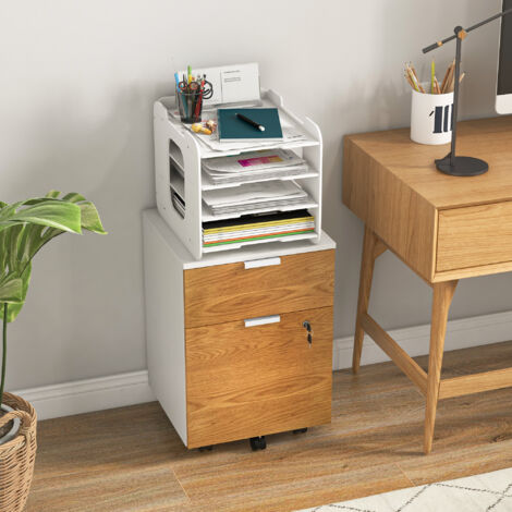 Mueble Archivador con Ruedas 2 Cajones Barra Colgante para Carpetas A4 y Carta Cerradura 42x40x60 cm Blanco y Natural