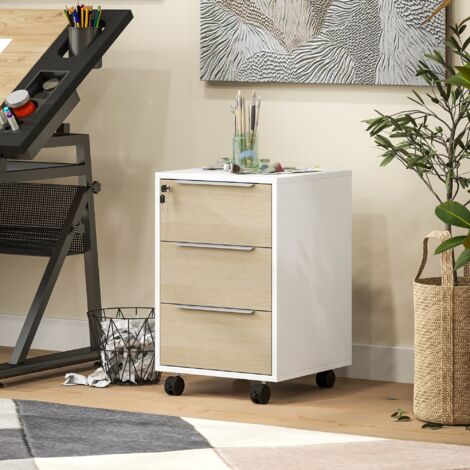 Mueble Archivador con Ruedas 3 Cajones Cerradura y 2 Llaves para Estudio Salón 40x40x63,5 cm Blanco y Roble