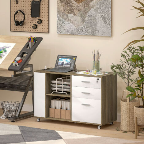 Mueble Archivador con Ruedas 3 Cajones Estación de Carga Cerradura y Estantes 100x40x65,5 cm Marrón Grisáceo
