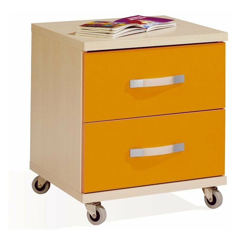 

Mueble Auxiliar mesita 2 cajones Ruedas Color Haya y Naranja habitacion Juvenil despacho 47x41x40