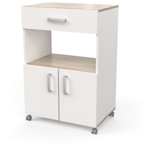 Mueble Auxiliar para Cocina con Ruedas 2 puertas en Color Blanco Mate y Roble Kronberg 88x60x41 cm