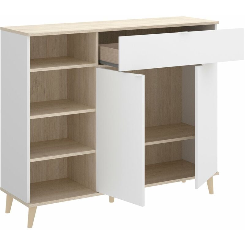 

Mueble auxiliar perfecto para pasillo o recibidor con un compartimento cerrado, un cajón y un hueco con estantes