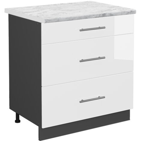Mueble bajo de cocina Fame-Line, Blanco alto brillo, 80 cm con 3 cajones, ET Mármol, Vicco