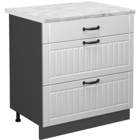 Mueble bajo de cocina Fame-Line, Blanco casa de campo, 80 cm con 3 cajones, ET Mármol, Vicco