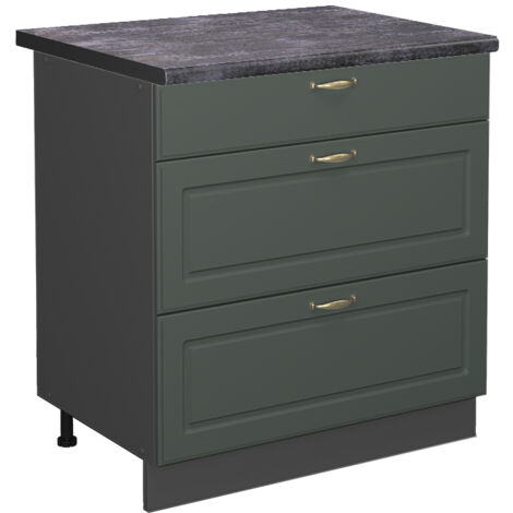 Mueble bajo de cocina Fame-Line, Verde dorado Casa de campo, 80 cm con 3 cajones, ET Antracita, Vicco