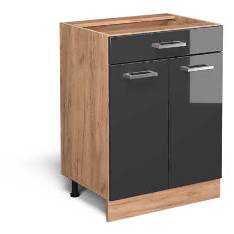 Mueble bajo de cocina R-Line, Antracita alto brillo, 60 cm con cajón, sin encimera, Vicco