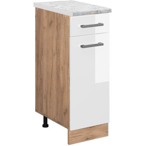 Mueble bajo de cocina R-Line, Blanco alto brillo, 30 cm ET Mármol, Vicco