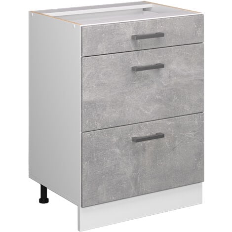 Mueble bajo de cocina R-Line, Hormigón, 60 cm con cajones, sin encimera, Vicco