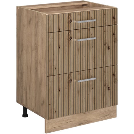Mueble bajo de cocina R-Line, Roble artesanal, 60 cm con cajones, sin encimera, Vicco