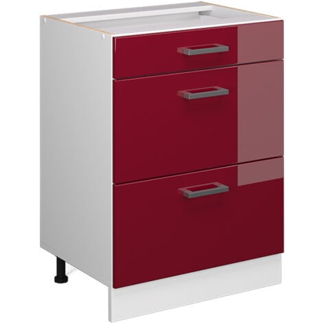 Mueble bajo de cocina R-Line, Rojo Burdeos alto brillo, 60 cm con cajones, sin encimera, Vicco