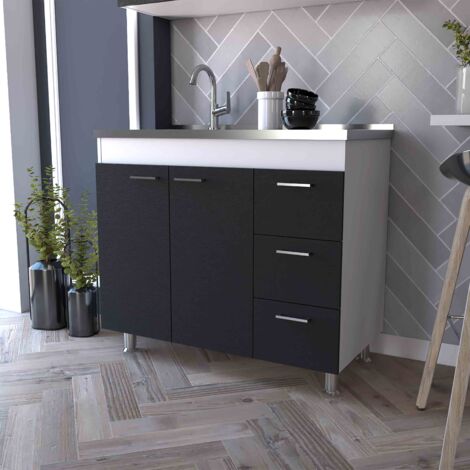 Mueble bajo Ferreti en melamina con 3 cajones ,  2 puertas y encimera de acero inoxidable , multicolor , 90 cm X 100 cm X 52.5 cm