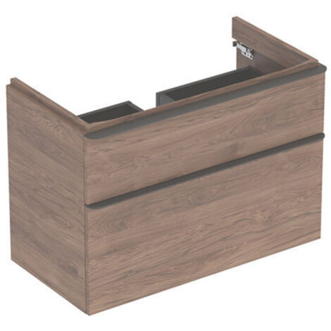 Mueble bajo Geberit Smyle Square para lavabo, con dos cajones: Ancho 88,4cm, Alto 61,7cm, Fondo 47cm, Nogal Carya / melamina estructurada madera, gris aterciopelado / lacado en polvo mate
