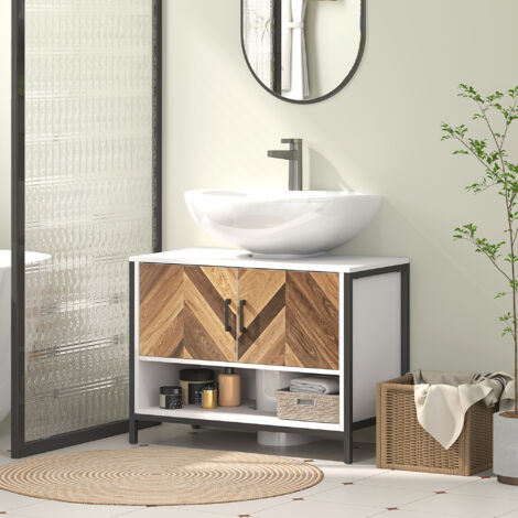 Mueble bajo Lavabo con 2 Puertas y Compartimento Abierto para Lavabo con o sin Pedestal 80x40x60 cm Crema y Nogal